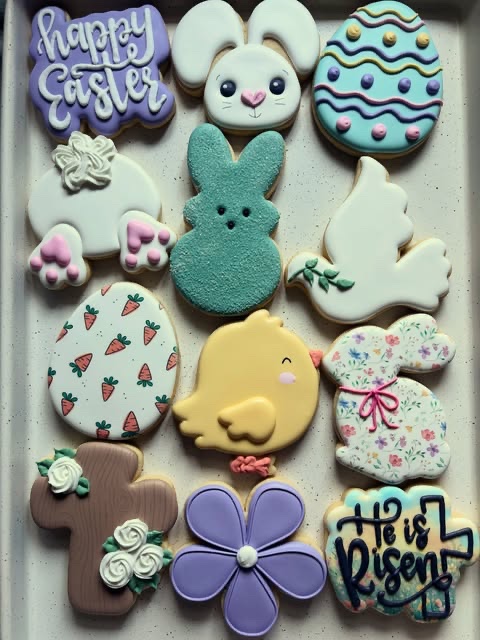 Pastel Easter cookies boxed for a pop-up: bunnies, eggs, carrots and chicks.